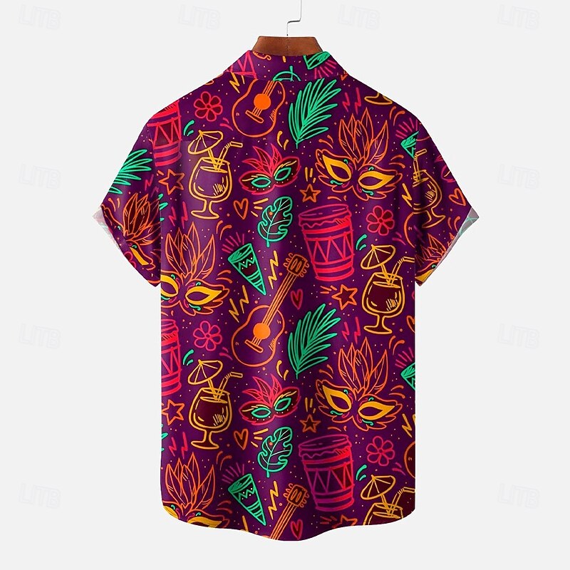 Carnival Men's Mask Musical Instrument Casual Shirt Button Up Shirt Short Sleeve Ugly Abstract Causal Casual Summer Spring Turndown Button Up Red2