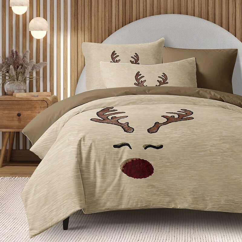 Reindeer Print Duvet Cover Set 100% Cotton Soft and Cozy Bedding Set with Holiday Reindeer Design Perfect for Winter Season Stylish Bedroom Decor Easy Care Machine Washable4