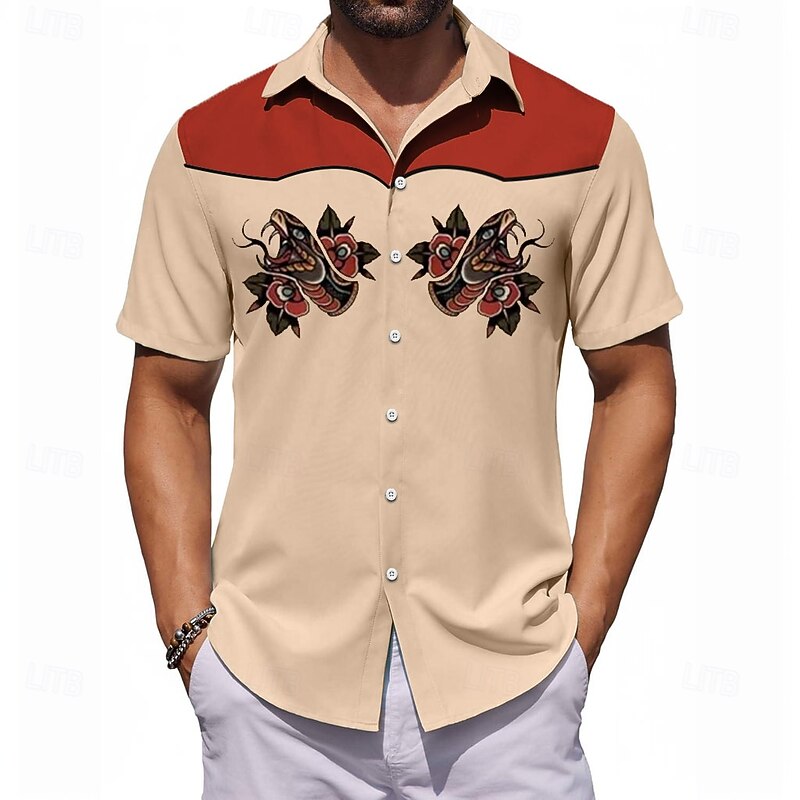 Men's Color Block Snake Casual Shirt Bowling Shirt Button Up Shirt Short Sleeve Artistic Abstract Causal Casual Spring Fall Turndown Button Up Beige