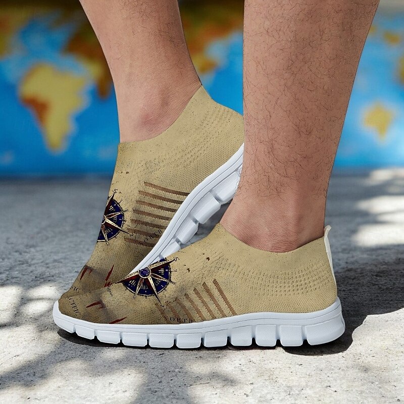 Men's Khaki Compass Print Flyknit Sneakers - Lightweight Breathable Running Shoes for Travel, Hiking and Casual Wear3