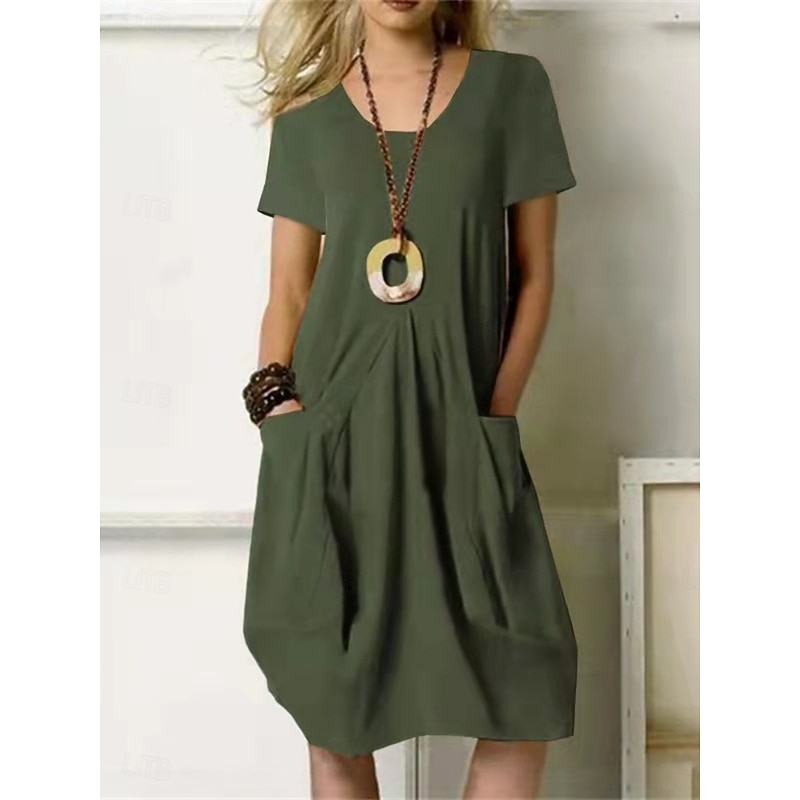 Women's Mini Dress Cotton Linen Dresses Casual Dress Stylish Basic Casual Vacation Daily Regular Fit Plain Short Sleeve V Neck Black Khaki Army Green Summer Spring2