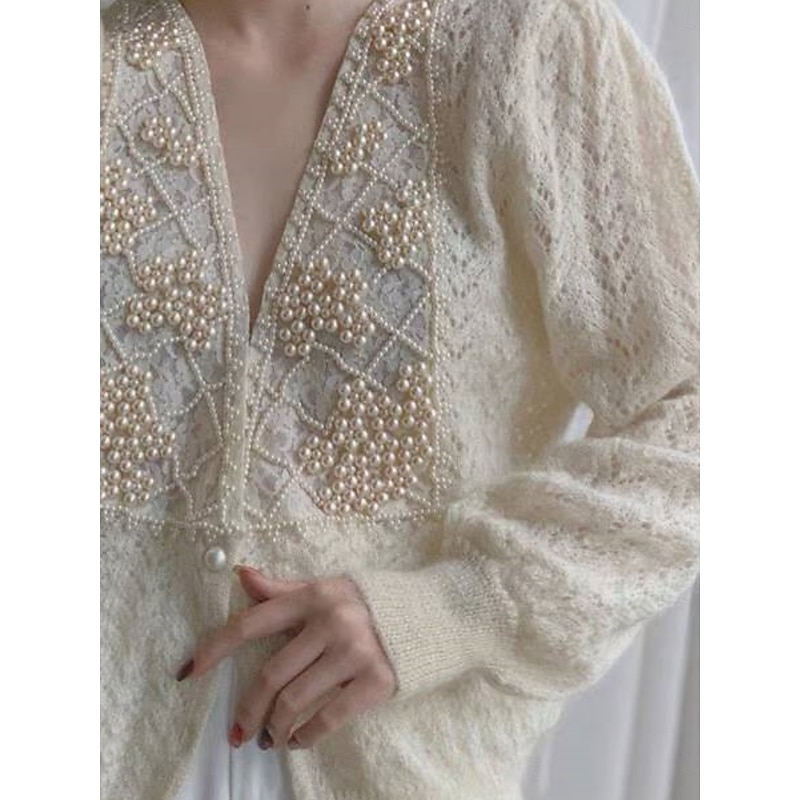 Women's Sweater Cardigan Casual Soft Pure Color Ribbed V Neck Lace Buttons Beaded Long Sleeve Regular Tops Knit Outdoor Daily Weekend Beige Fall Winter2