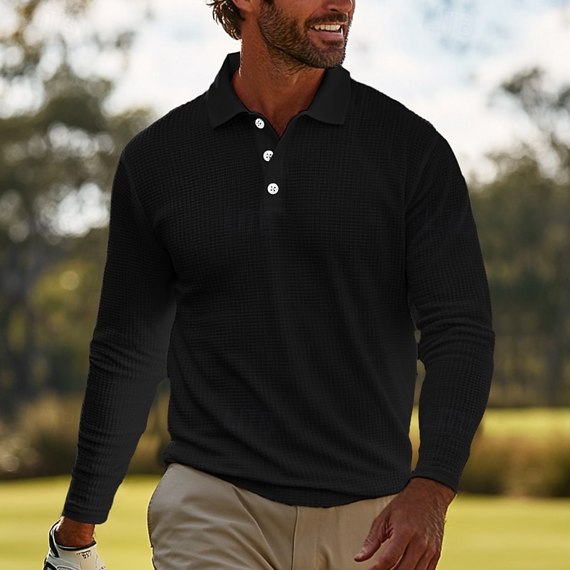 Men's Waffle Polo Shirts Golf Shirt Casual Holiday Classic Long Sleeve Fashion Comfortable Solid Color Button Front Button-Down Spring &  Fall Regular Fit Black White Gray Waffle Polo Shirts3