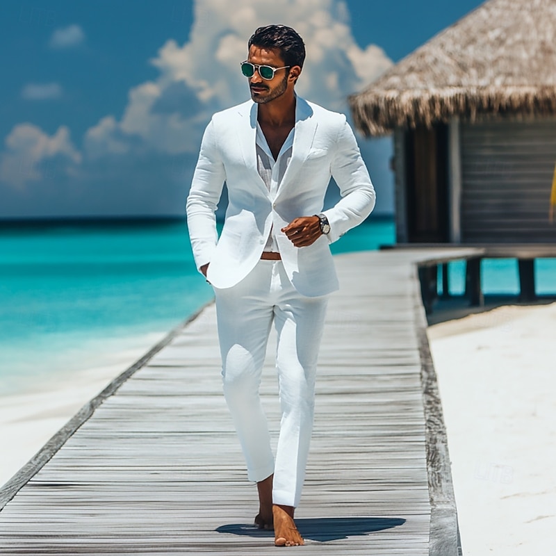 Men's Beach Wedding Linen Suits Notch Lapel White Solid Colored Standard Fit 2 Piece Single Breasted Two-buttons2