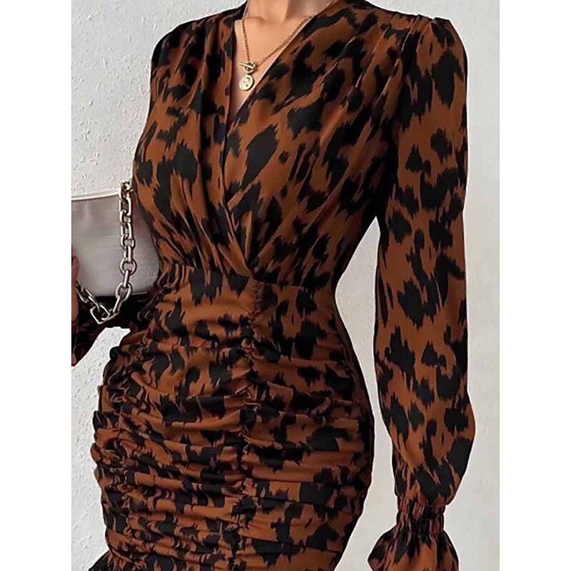 Women's Mini Dress Casual Dress Bodycon Stylish Casual Vacation Daily Regular Fit Floral Long Sleeve V Neck Brown Spring Fall3
