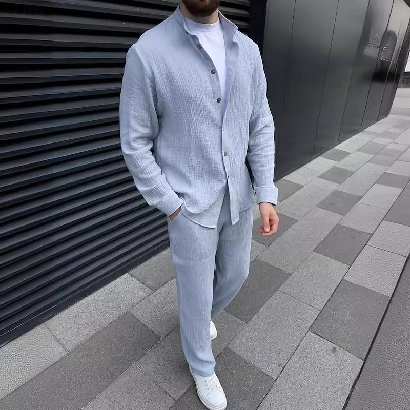 Men's 2 Piece Shirt Set Matching Sets Casual Shirt Button Up Shirt Black White Blue Green khaki Long Sleeve Plain Band Collar Vacation Daily Clothing Apparel Fashion Casual3