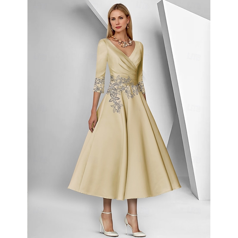 A-Line Dress Mother of the Bride Dress Elegant Simple V Neck Ankle Length Tea Length Satin 3/4 Length Sleeve with Lace Ruched Sequin Race Day Dress3