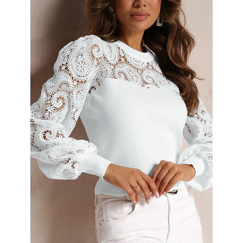 Women's Shirt Boho Shirt Blouse Solid Color Business Modern Casual Long Sleeve Crew Neck Regular Tops Work Formal Wear Lace White Beige Summer Spring3