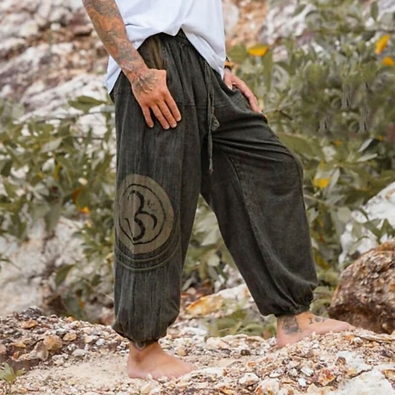 Men's Joggers Trousers Summer Pants Baggy Pants Beach Pants Drawstring Elastic Waist Drop Crotch Plain Comfort Breathable Full Length Outdoor Casual Holiday Ethnic Style Retro Vintage Green