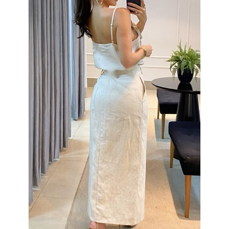 Women's Maxi Dress Linen-Inspired Dresses Casual Dress Slip Dress Stylish Basic Casual Vacation Daily Regular Fit Plain Sleeveless Strap Apricot Summer Spring4