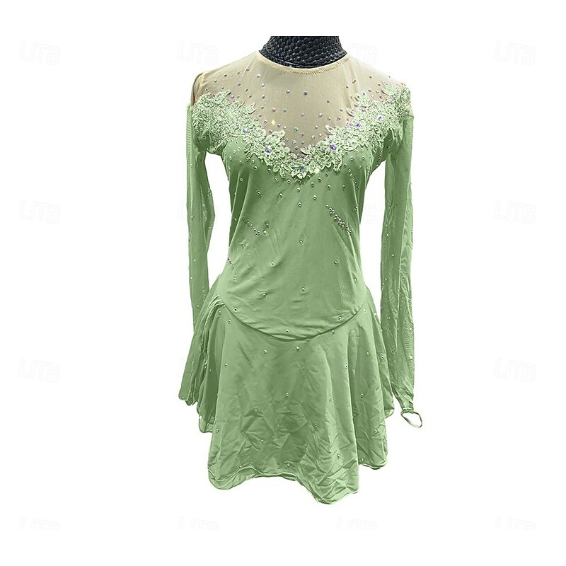 Figure Skating Dress Women's Girls' Ice Skating Dress Red Purple Green Patchwork Thumbhole Mesh Spandex Stretchy Training Practice Professional Skating Wear Crystal / Rhinestone Long Sleeve Figure3