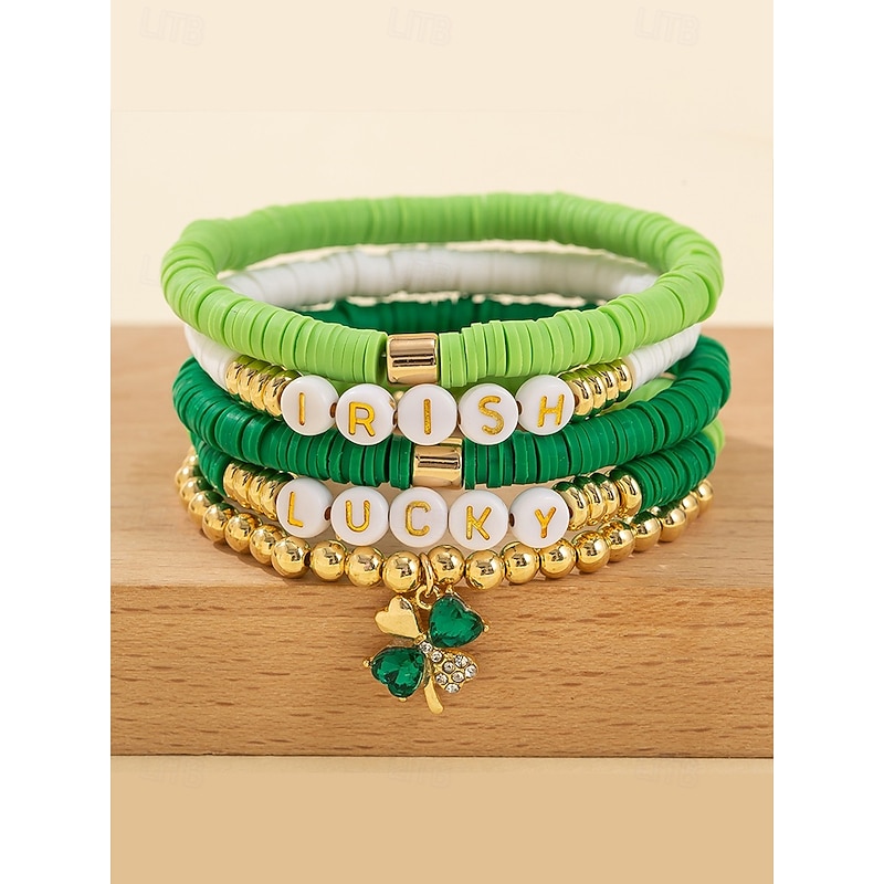 St. Patrick's Day Lucky Charm Bracelets – Irish Green Beaded Stretch Bracelet Set for Women, Festive Holiday Accessories with Shamrock and Letter Details