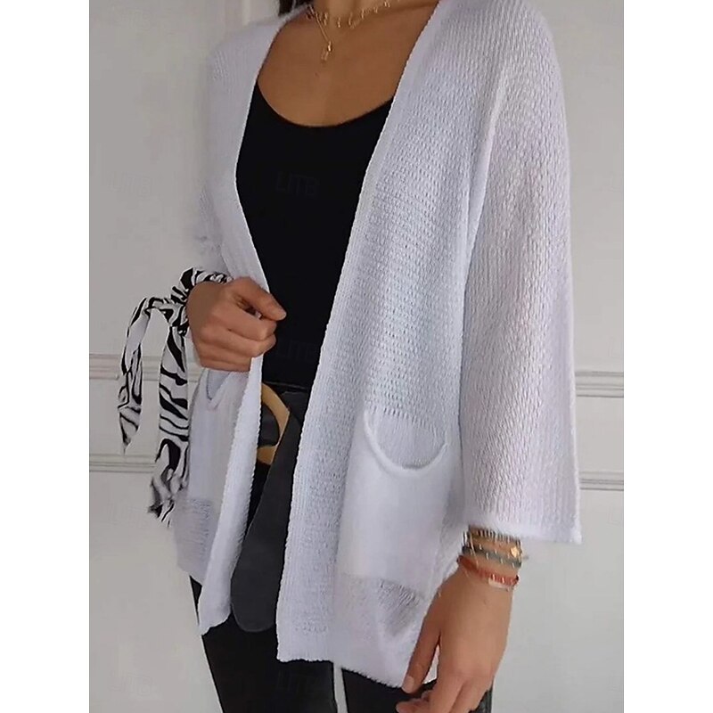 Women's Sweater Cardigan Elegant Fashion Streetwear Pure Color V Neck Pocket Knitted Long Sleeve Regular Tops Knit Outdoor Daily Weekend Black White Fall Winter3