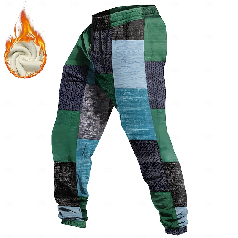 Men's Color Block Patchwork Geometric Pattern Fleece Sweatpants Drawstring Elastic Waist Vintage Casual Outdoor Holiday Streetwear Warm Fleece Lined Thermal Winter 3D Print Red Blue Purple3