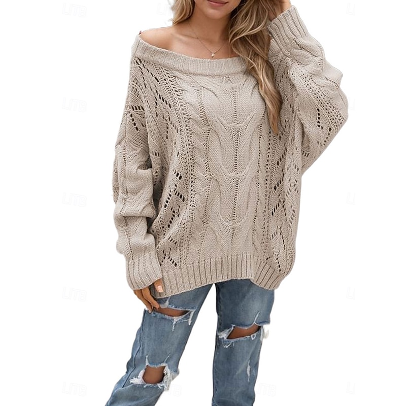 Women's Valentine Pink Sweater Pullover Elegant Pure Color Off Shoulder Knitted Long Sleeve Regular Tops Knit Fashion Streetwear Outdoor Daily Weekend Black Pink Fall Winter4