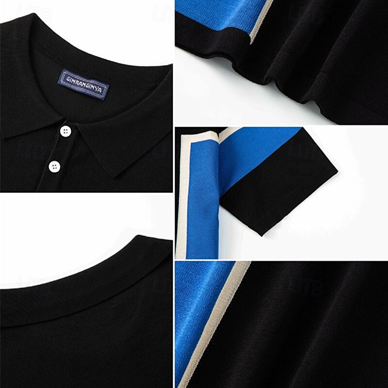 Men's Button Up Polos Golf Shirt Casual Sports Lapel Short Sleeve Fashion Basic Color Block Patchwork Buttons Summer Black Button Up Polos4
