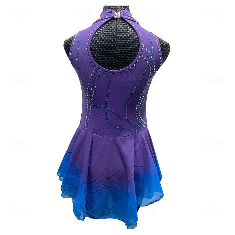 Figure Skating Dress Women's Girls' Ice Skating Dress Red Purple Patchwork Asymmetric Hem Mesh Spandex Stretchy Training Practice Professional Skating Wear Crystal / Rhinestone Sleeveless Figure3