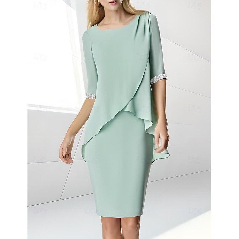 Beach Wedding Sheath Mother of the Bride Dress Wedding Guest Elegant Jewel Neck Tea Length Chiffon Half Sleeve with Beading Ruching