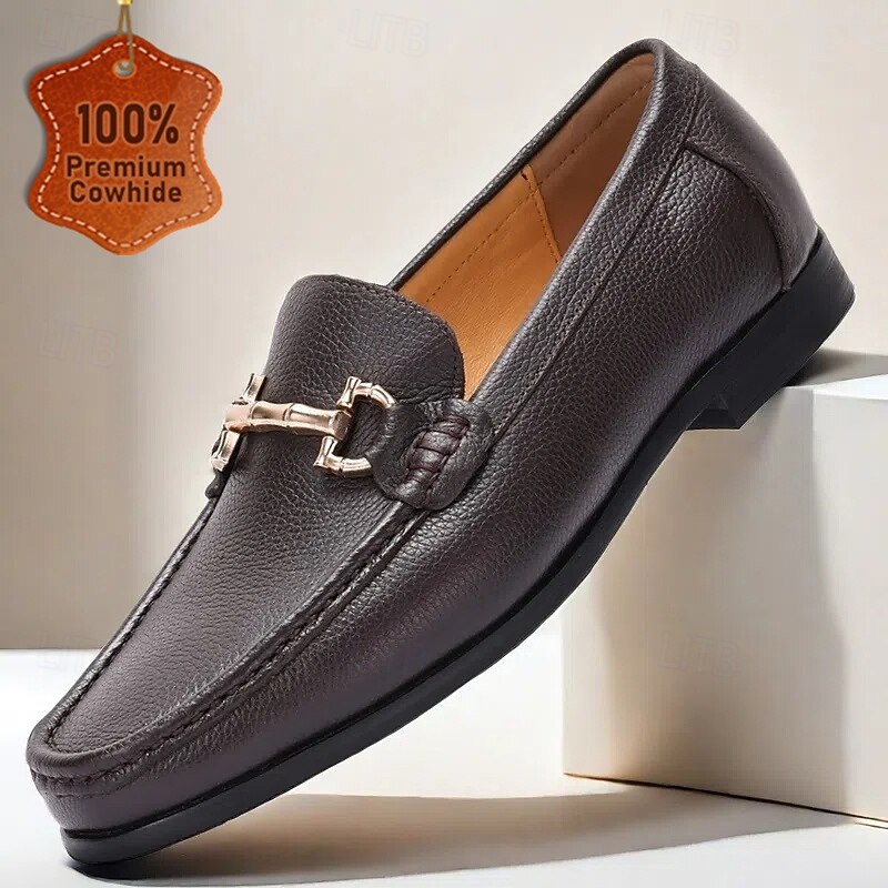 Men's Premium Cowhide Leather Loafers with Gold Buckle Accent, Classic Formal Style Slip-On Shoes for Business, Work, and Casual Occasions