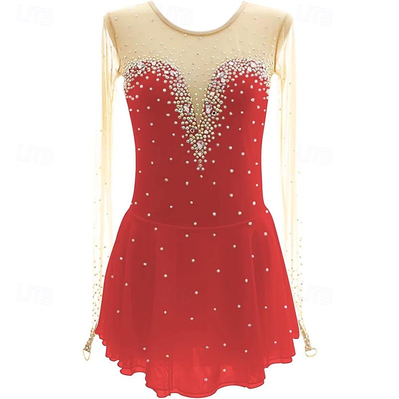 Figure Skating Dress Women's Girls' Ice Skating Dress Blue White High Elasticity Training Competition Skating Wear Classic Crystal / Rhinestone Long Sleeve Ice Skating Figure Skating4