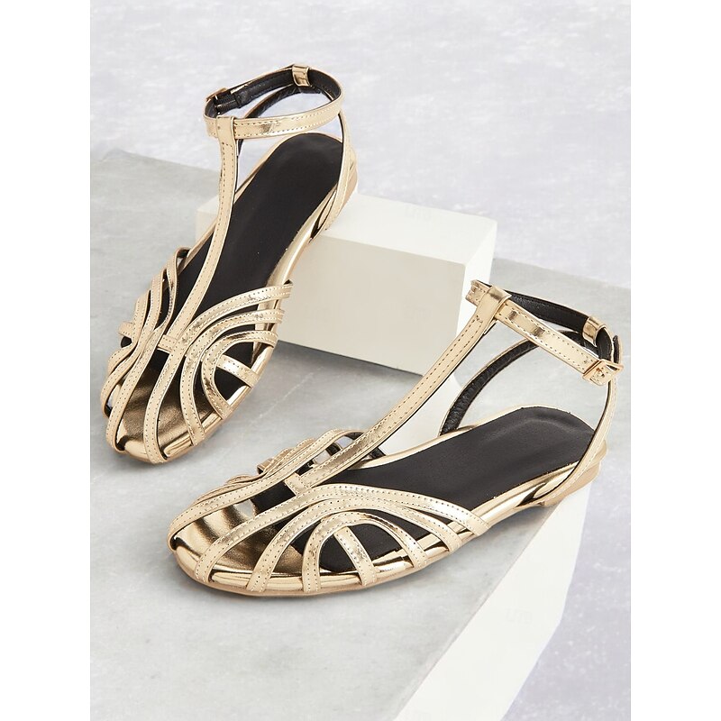 Women's Gold Strappy Flat Sandals with Ankle Strap, Elegant Summer Shoes for Weddings, Parties, and Casual Wear2