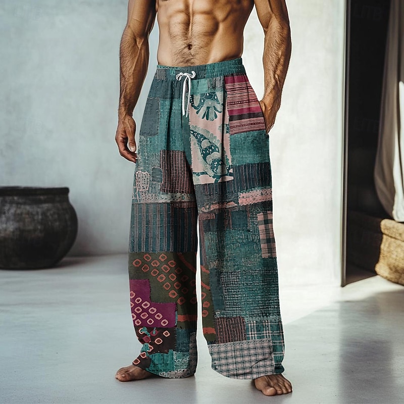 Men's Patchwork Ethnic Pants Trousers Mid Waist Drawstring Elastic Waist Hawaiian Casual Outdoor Vacation Holiday Straight Leg Trousers Summer Spring Fall 3D Print Ocean Blue Blue2