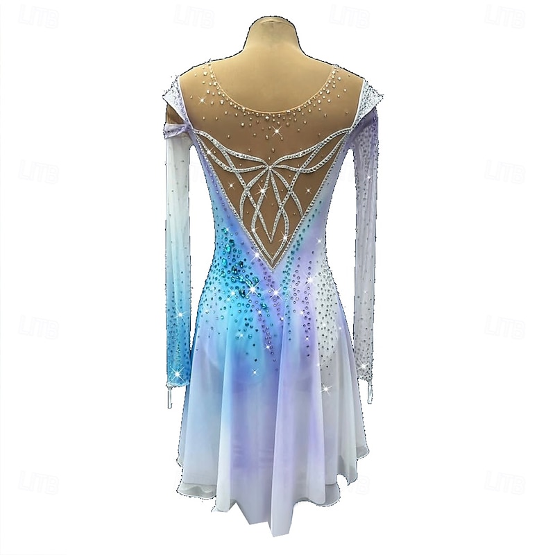 Figure Skating Dress Women's Girls' Ice Skating Dress White Thumbhole Halo Dyeing High Elasticity Professional Competition Skating Wear Thermal Warm Crystal / Rhinestone Long Sleeve Ice Skating3