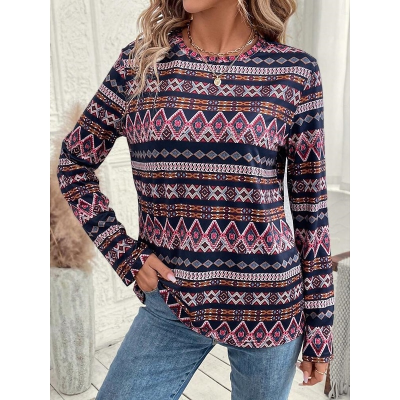 Women's T shirt Long Sleeve Crew Neck Long Sleeve Tunic Geometric Vintage Casual Regular Tops Daily Print Navy Blue Spring Fall Prefall