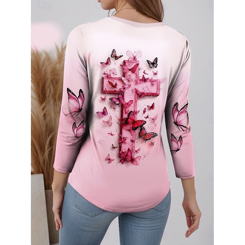 Valentine Women's T shirt Long Sleeve Crew Neck Long Sleeve Tunic Casual Ombre Butterfly Regular Tops Print Regular Fit Daily Pink Spring Fall Prefall2