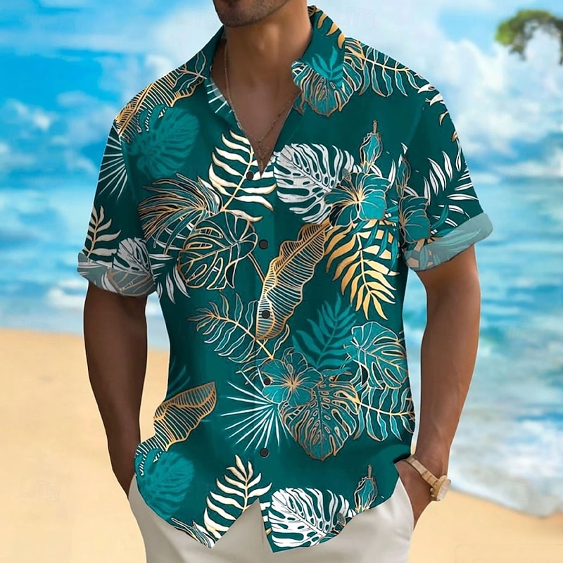 Men's Palm Leaf Casual Shirt Summer Hawaiian Shirt Aloha Shirt Short Sleeve Hawaiian Resort Vacation Casual Summer Spring Turndown Button Up Blue Green2