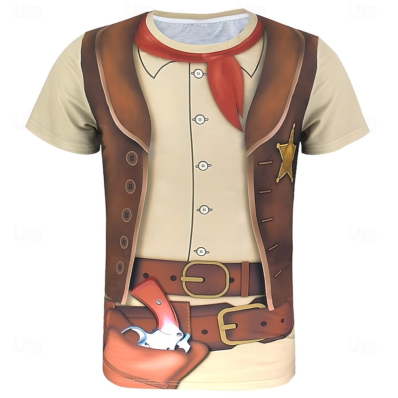Men's Cowboy Tuxedo T Shirt Short Sleeve T shirt 3D Print Crew Neck Shirt Exaggerated Designer Party Holiday Club Brown Summer Spring Clothing Apparel S M L XL XXL XXXL