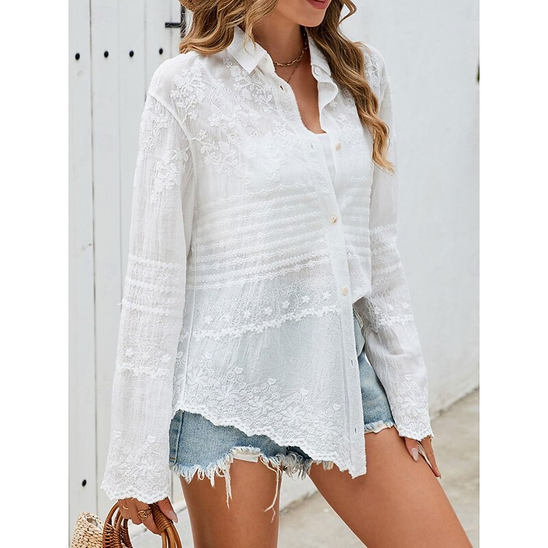 Women's Shirt Blouse Solid Color Elegant Daily Stylish Long Sleeve Shirt Collar Regular Tops Daily Holiday Going out Lace White Spring Fall3