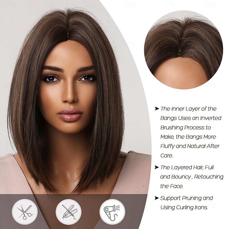 Bob Wigs for Women,Brown Mid Length Wig with Highlights,Short Straight Bob Wig, Brown Middle Part Synthetic Wig