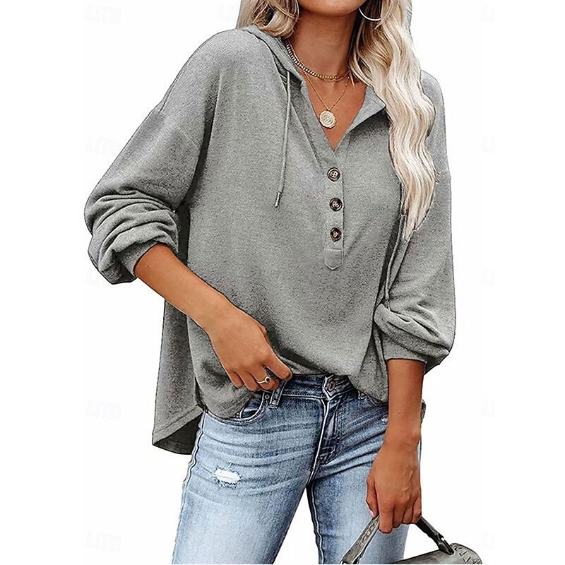 Women's Shirt Blouse Solid Color Basic Casual Long Sleeve Hooded Regular Tops Daily Buttons Sky Blue Khaki Gray Fall Winter