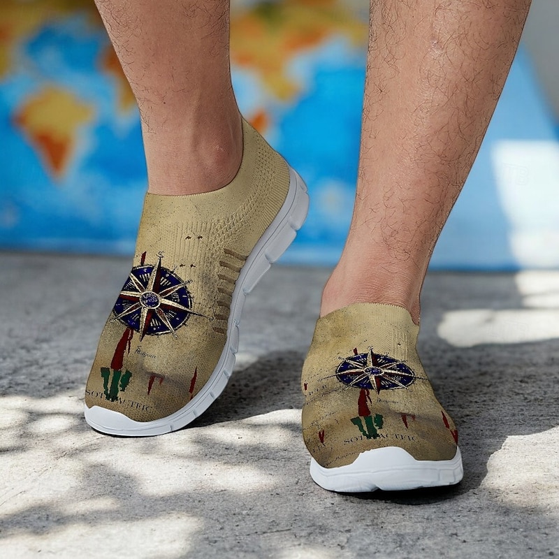 Men's Khaki Compass Print Flyknit Sneakers - Lightweight Breathable Running Shoes for Travel, Hiking and Casual Wear