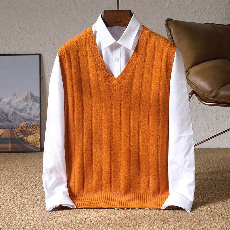 Men's 100% Merino Wool Pullover Sweater Vest Knit Vertical Stripes V Neck Knitwear Elegant Outdoor Home Clothing Apparel Fall Winter Black Orange S M L