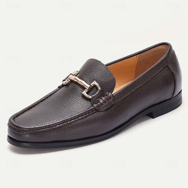 Men's Premium Cowhide Leather Loafers with Gold Buckle Accent, Classic Formal Style Slip-On Shoes for Business, Work, and Casual Occasions2
