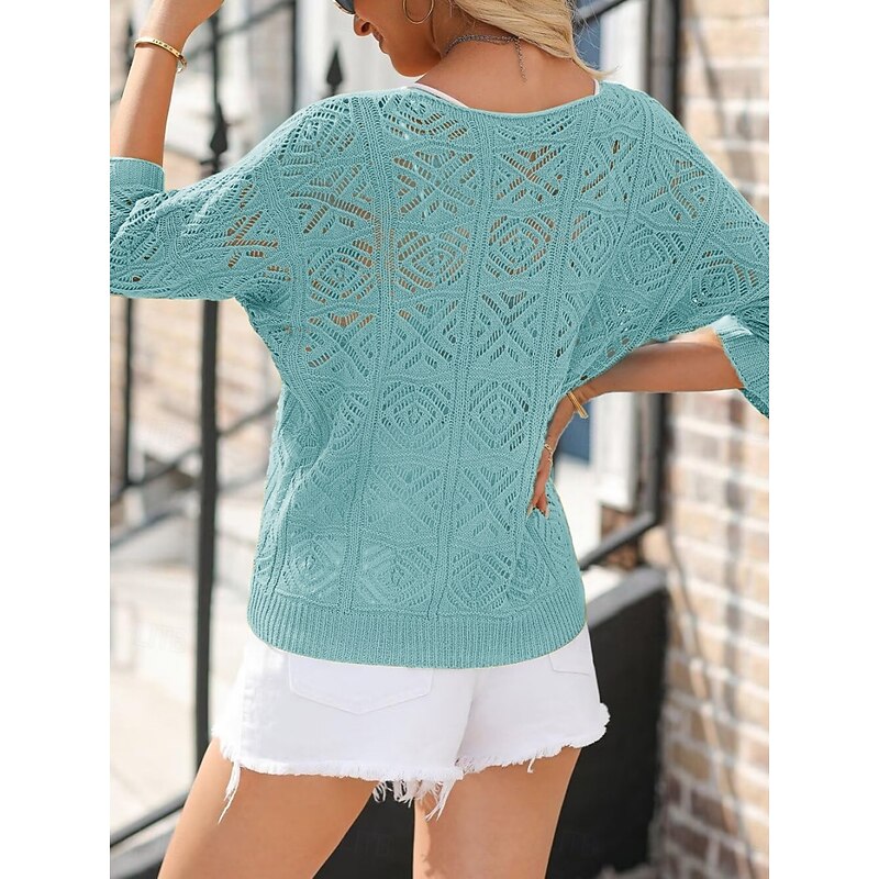 Women's Sweater Casual Soft Pure Color Ribbed V Neck Knitted Hole 3/4 Length Sleeve Regular Tops Knit Outdoor Daily Weekend Green Light Blue Summer Spring3