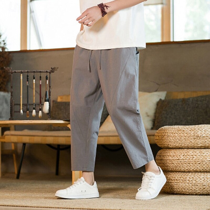 Men's Linen Pants Trousers Summer Pants Harem Pants Pocket Drawstring Elastic Waist Plain Comfort Breathable Ankle-Length Home Casual Daily Fashion Classic Style Black Navy Blue