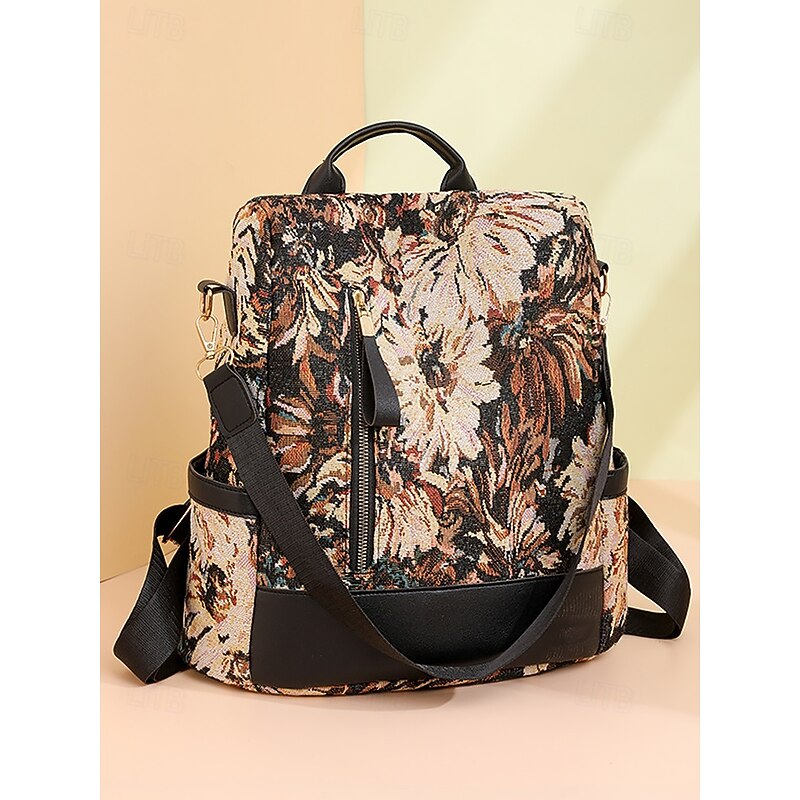 Retro Floral Fabric Backpack for Women – Bohemian Multi-Way Convertible Bag with Artistic Pattern, Great for Commuting, Shopping, or Weekend Outings
