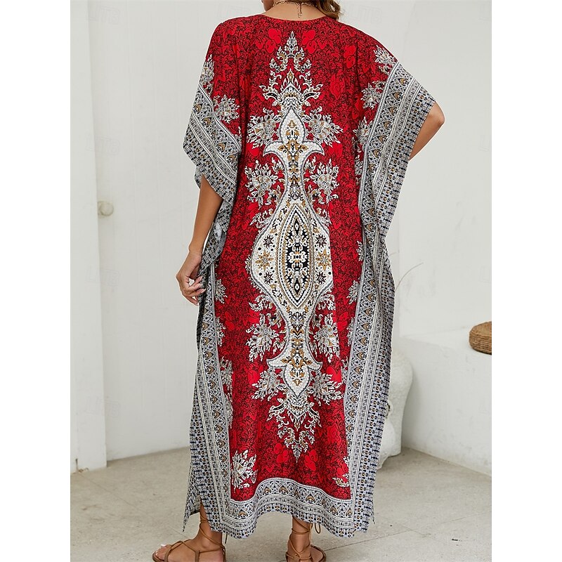 Women's Maxi Dress Casual Dress Boho Chic Dresses Boho Dress Bohemia Cute Stylish Vacation Daily Beach Loose Fit Graphic Short Sleeve V Neck Red Blue Summer Spring Fall4