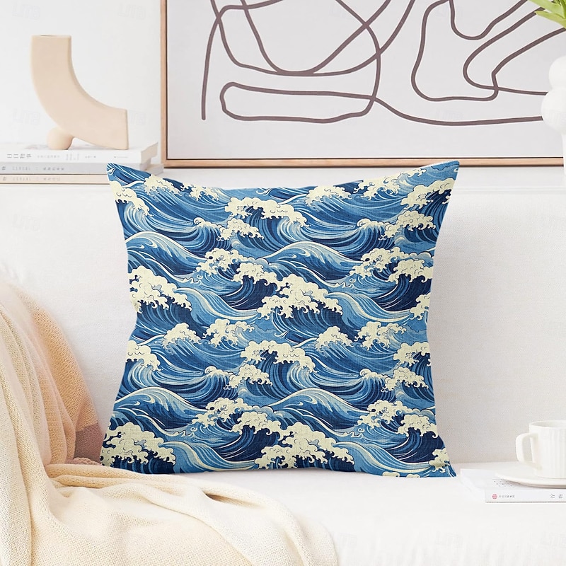 Summer Vibe Decorative Toss Pillows Cover 1PC Hawaiian Aloha Soft Square Cushion Case Pillowcase for Bedroom Livingroom Sofa Couch Chair Ocean Kanagawa Wave3
