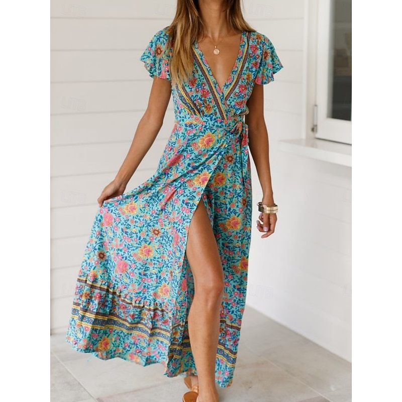 Women's Maxi Dress Casual Dress A Line Dress Boho Dress Bohemia Vintage Casual Vacation Daily Regular Fit Floral Short Sleeve V Neck Black Red Blue Spring Fall2