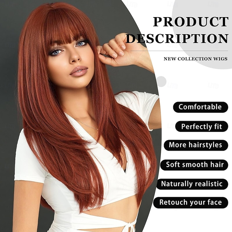 Long Straight Auburn Wig with Bangs 26 Inch Orange Ginger Synthetic Layered Hair Wigs for Women Natural Copper Red Head Heat Resistant Wig for Daily Party Use2
