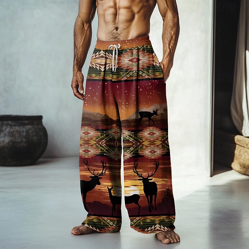 Men's Aztec Ethnic Pants Trousers Mid Waist Drawstring Elastic Waist Hawaiian Casual Outdoor Vacation Holiday Straight Leg Trousers Summer Spring Fall 3D Print Blue Purple Orange