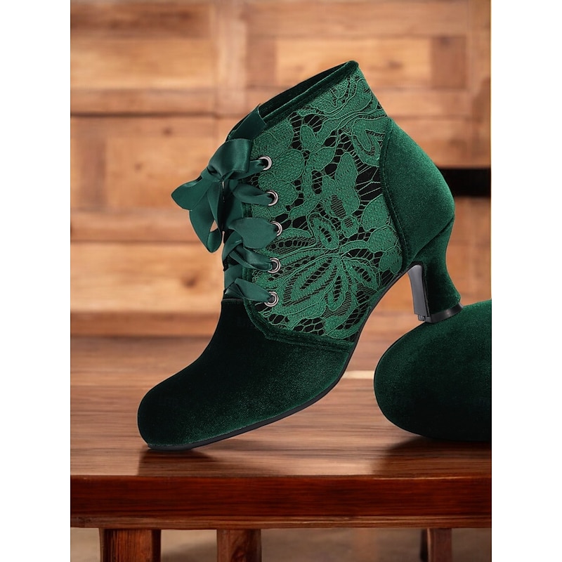 Women's Elegant Green Velvet Lace-Up Ankle Boots with Kitten Heel  Floral Lace Detail Comfortable  for Parties Victorian Cosplay and Special Occasions3
