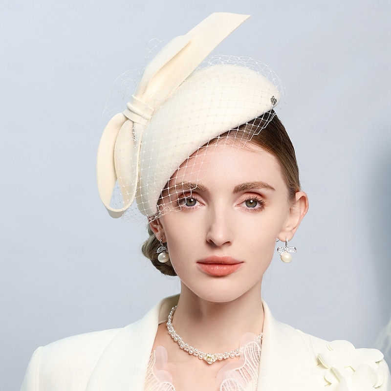 Hats 100% Wool Beret Hat Saucer Hat Wedding Tea Party Elegant Wedding With Bowknot Pure Color Headpiece Headwear