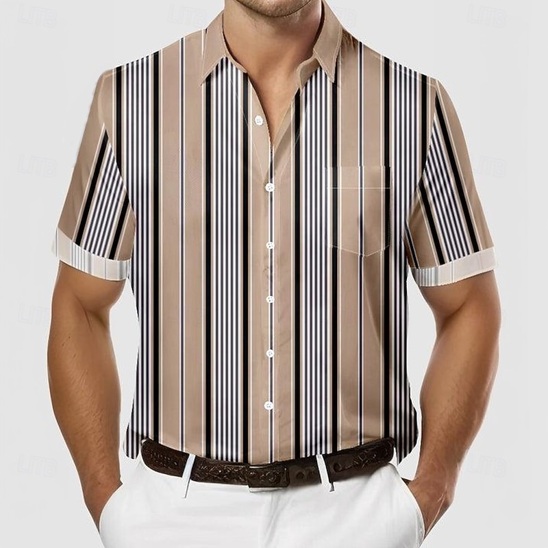 Men's Striped Casual Shirt Button Up Shirt Short Sleeve Business Casual Causal Casual Summer Spring Turndown Button Up Pocket Beige2