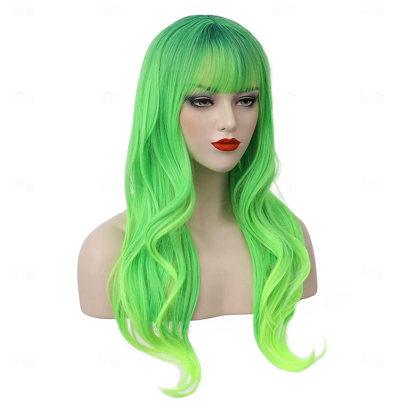 Green Wig Long Wavy Green Wig with Bangs Lime Green Wig for Women Long Ombre Green Wig Cosplay Wig Heat Resistant Synthetic Wig For Carvinal3