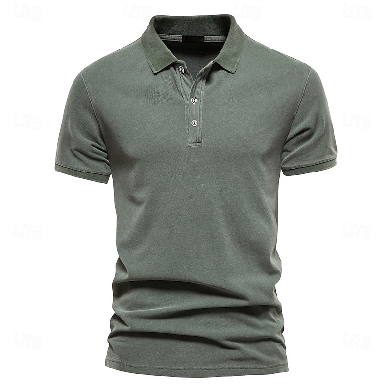Men's 100% Cotton Polo Work Business Turndown Short Sleeve Vacation Vintage Solid Color Buttons Summer Spring Dark Grey Lake blue Army Green Polo4